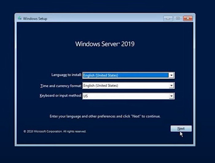 install Windows Server 2019 standard