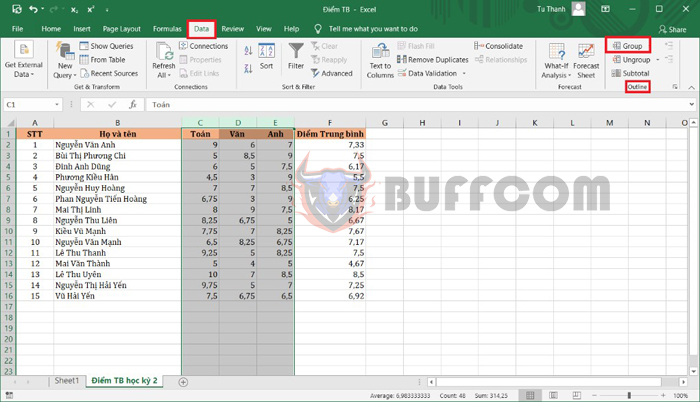 Instructions on using shortcut keys to Group data in Excel quickly