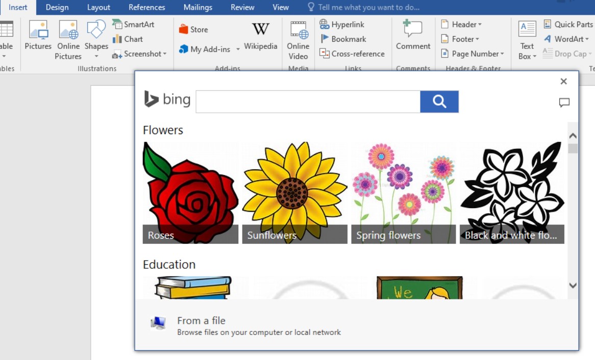 Insert online pictures into Word using Microsoft's Bing search tool.