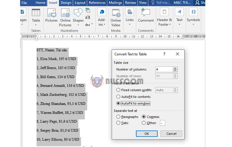 Converting Text To Table In Word