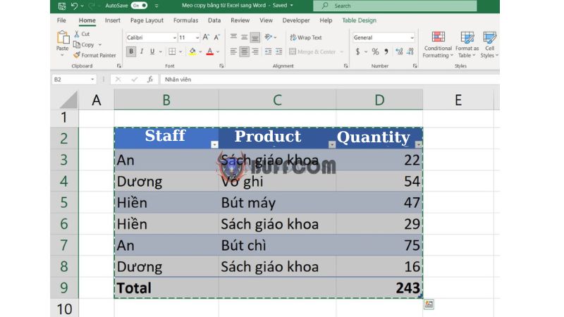 Copy a table from Excel to Word 