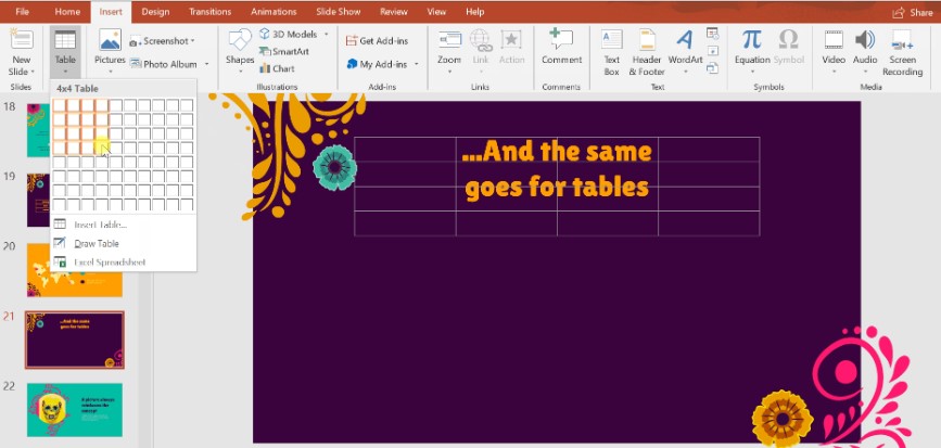 Creating tables in PowerPoint