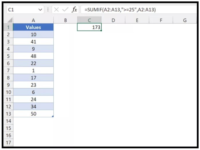 Summing Excel Values with SUMIF for Greater Than