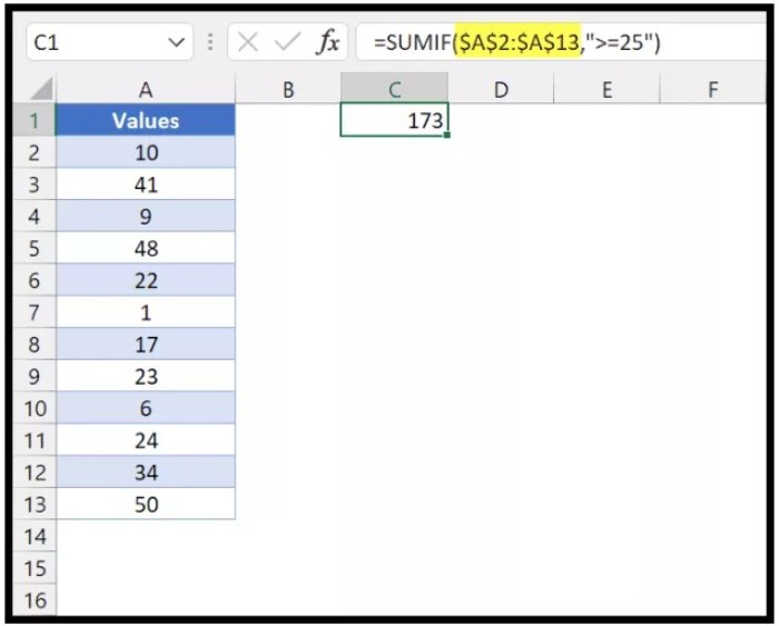 Summing Excel Values with SUMIF for Greater Than