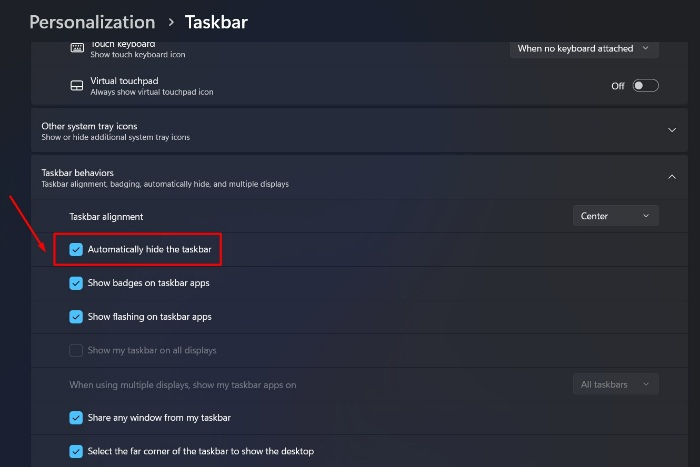 Click on "Taskbar behaviors" and tick "Automatically hide the taskbar".