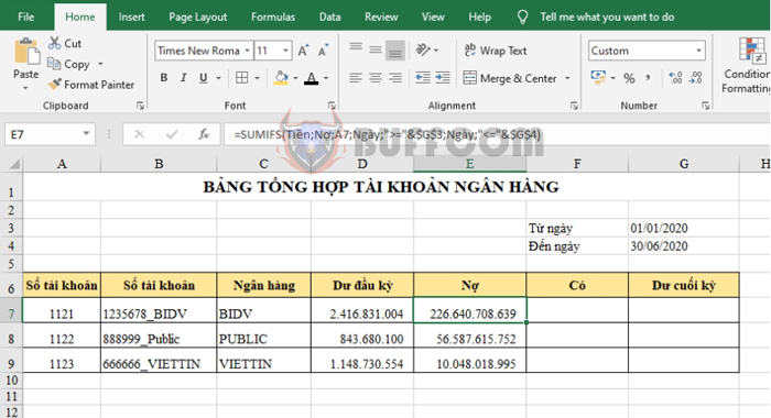 How to use the SUMIFS function to create a summary table of bank accounts in Excel