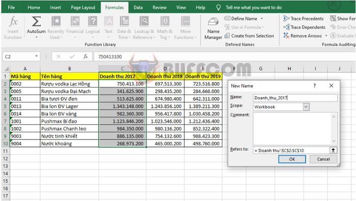 Naming data ranges in Excel