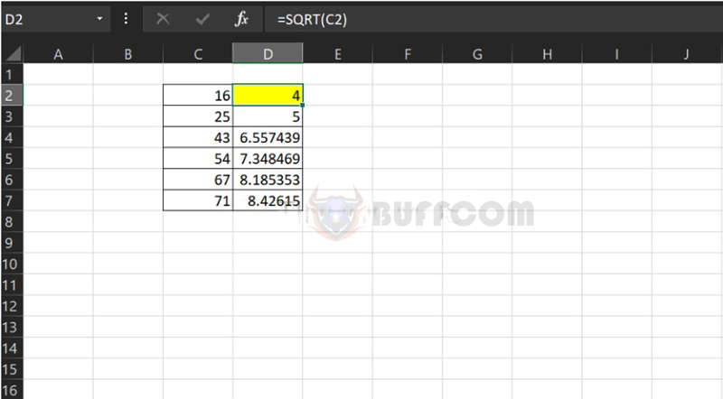 Square Root Function in Excel 2