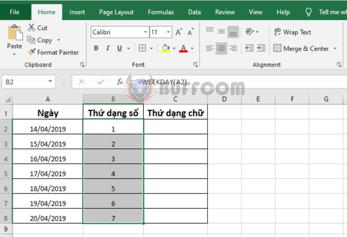 Using the WEEKDAY function to convert dates to days of the week in Excel