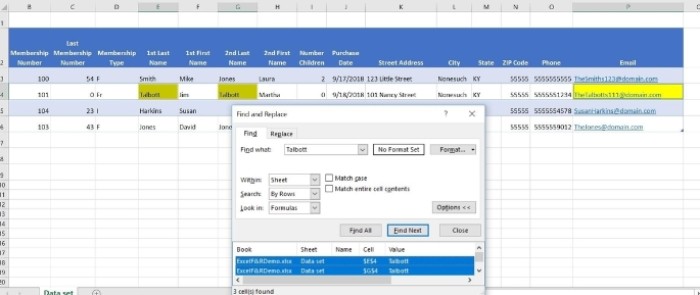 How to utilize Excel's Find feature for highlighting or deleting matching values