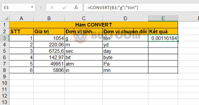 How to use the CONVERT function to convert units of measurement in