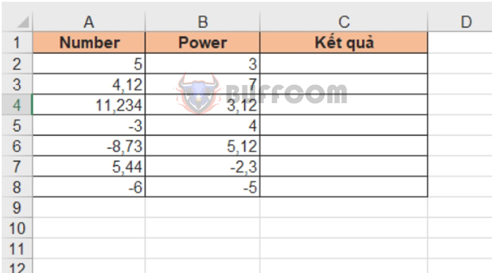 Instructions for using the POWER function to calculate exponents in Excel