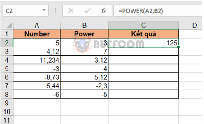 Instructions for using the POWER function to calculate exponents in Excel