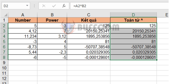 Instructions for using the POWER function to calculate exponents in Excel