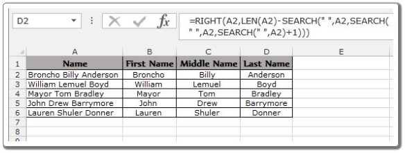Extracting First, Middle, and Last Names in Excel 2010