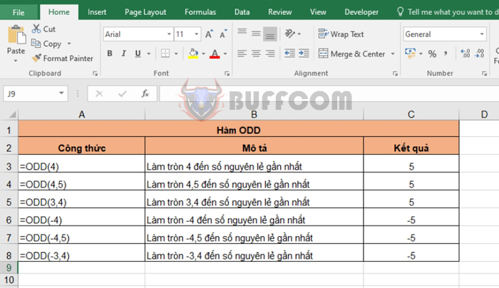 Using ODD function to round to nearest odd integer in Excel