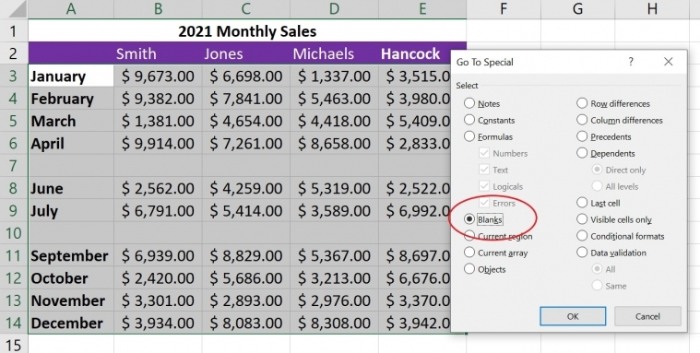 blank rows in Excel 2