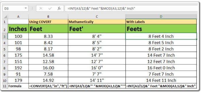 How to Convert Inches to Feet in Excel