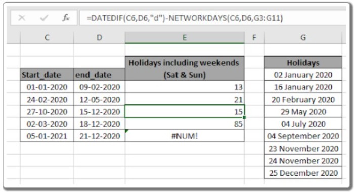 Counting holidays between dates in Excel
