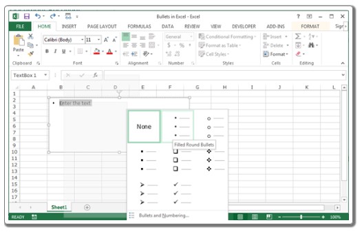 Adding Bullets in an Excel Worksheet