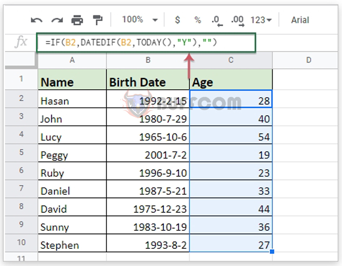How to Calculate Age from Date of Birth in Google Sheets