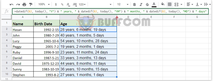 How to Calculate Age from Date of Birth in Google Sheets2