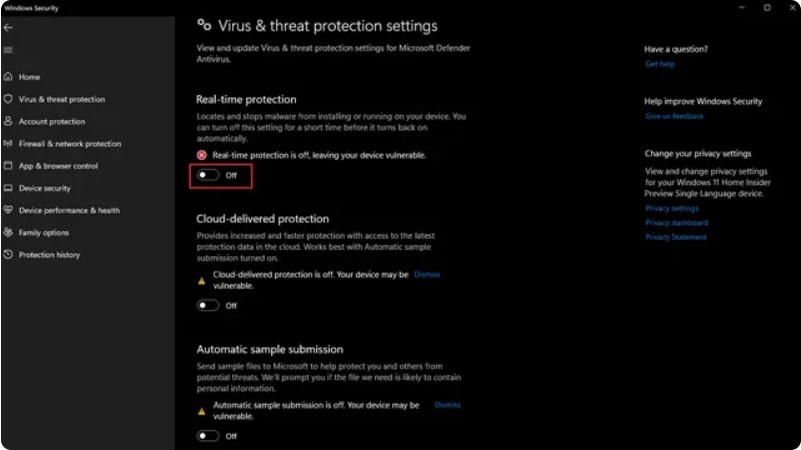 Windows Defender Settings