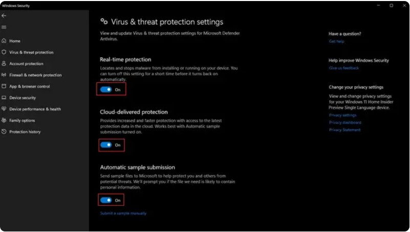 Windows Defender Settings