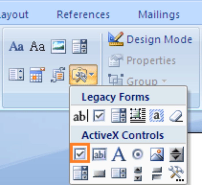 How to Insert an ActiveX Control Check Box in Word2