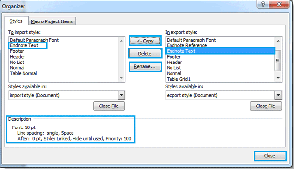 How to import styles from one document to another document in word