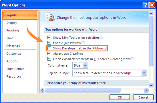 How to show developer tab ribbon in Word2