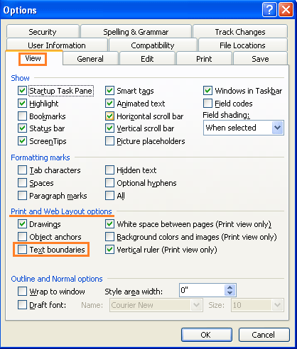 How to show or hide text boundaries in Word