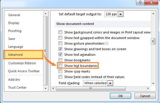 How to show or hide text boundaries in Word3