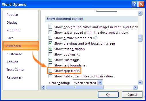 How to quickly show or hide crop marks in Word2